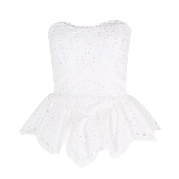 Ladies' Strapless Blouse Fitted Top with Frilled Hem and Embroidery Gathered Back Decorative Upper Trim Material Polyester and Cotton white M