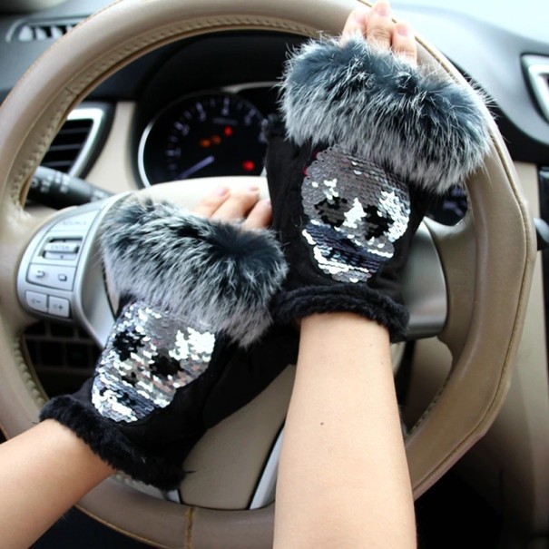 Ladies' Suede Gloves with Sequins and Fur 1