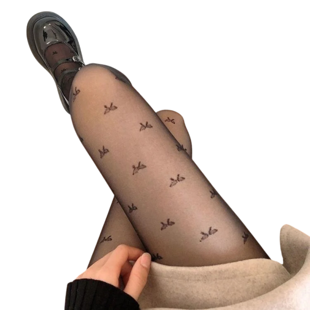 Ladies' Transparent Tights with Butterflies High Waist Breathable UV Protective Tights Stylish Elastic Tights with Pattern black