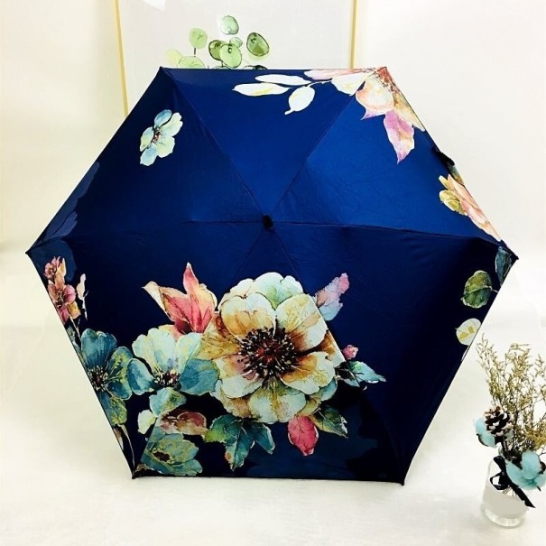 Ladies' Umbrella with Flowers T1415 dark blue