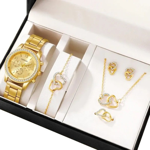 Ladies' Watch and Jewellery Set Alloy Necklace Bracelet Earrings Ring Joined Hearts Elegant Accessories Gift for Women gold