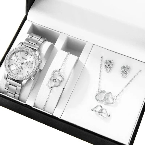 Ladies' Watch and Jewellery Set Alloy Necklace Bracelet Earrings Ring Joined Hearts Elegant Accessories Gift for Women silver