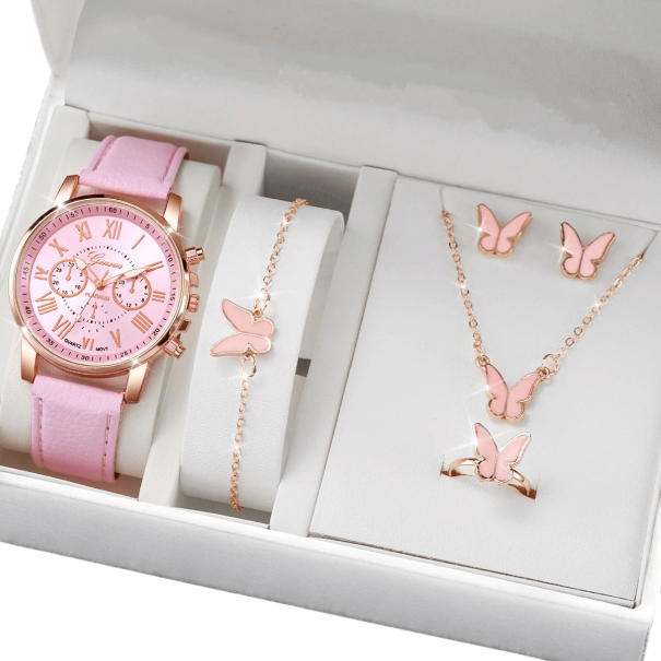 Ladies' Watch and Jewellery Set Elegant Necklace Bracelet Earrings Ring with Butterfly Luxury Gift for Women Gift Box pink