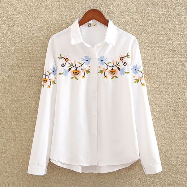 Ladies' White Cotton Shirt with Colourful Floral Embroidery Classic Collar Long Sleeves Rounded Hem Button Fastening M 2