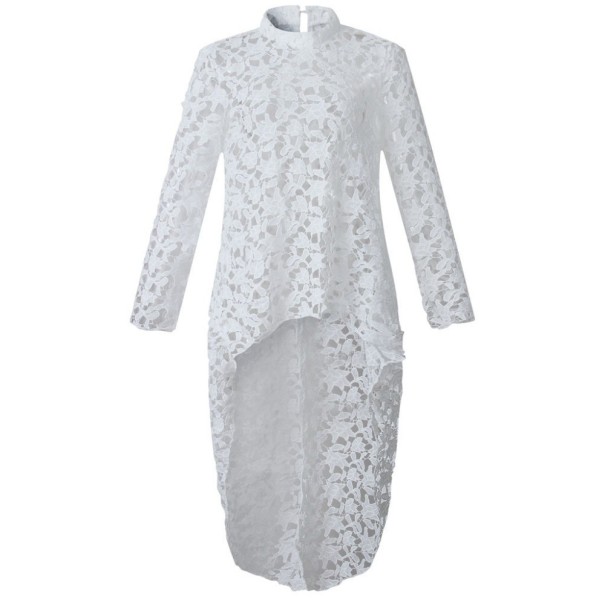 Ladies' White Perforated Blouse with Long Sleeves and Stand-Up Collar Asymmetrical Cut with Extended Back Panel Polyester For Balls and Parties XL