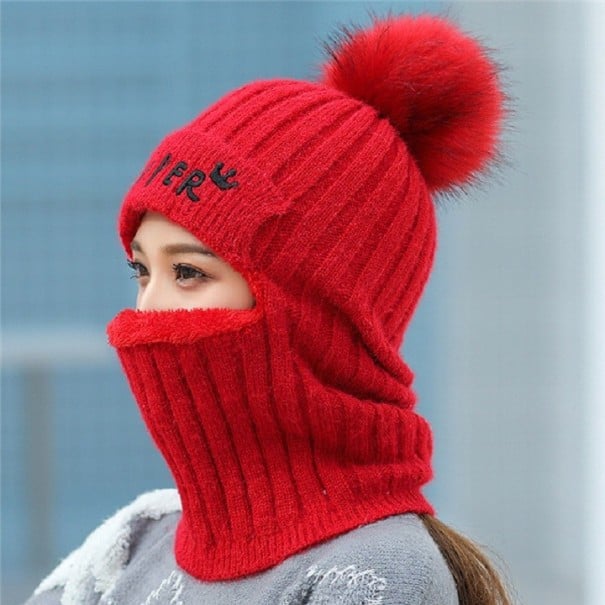 Ladies' Winter Balaclava with Pom-Pom red