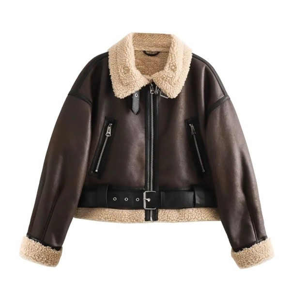 Ladies' Winter Jacket Zip Fastening Plush Collar Waist Belt Polyester Design Elegant Warm Winter Coat Stylish Jacket for Cold Weather dark brown M
