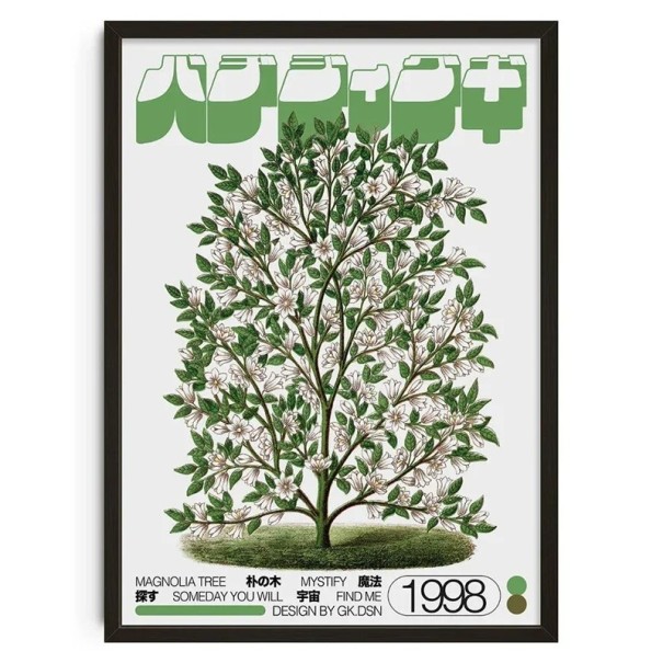 Lærredsvægmaleri med magnolia i japansk stil 20 x 30 cm dekorativ tryk grøn-hvid uden ramme til indendørs brug 1