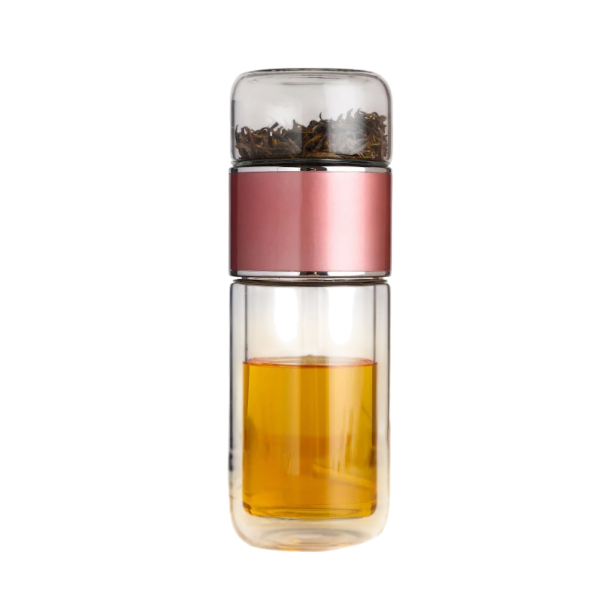 Láhev na vodu s čajovým filtrem 390 ml Skleněná infuzní lahev na bylinkové a ovocné čaje Dvoustěnná termoizolace Nepropustné víčko Elegantní design růžová