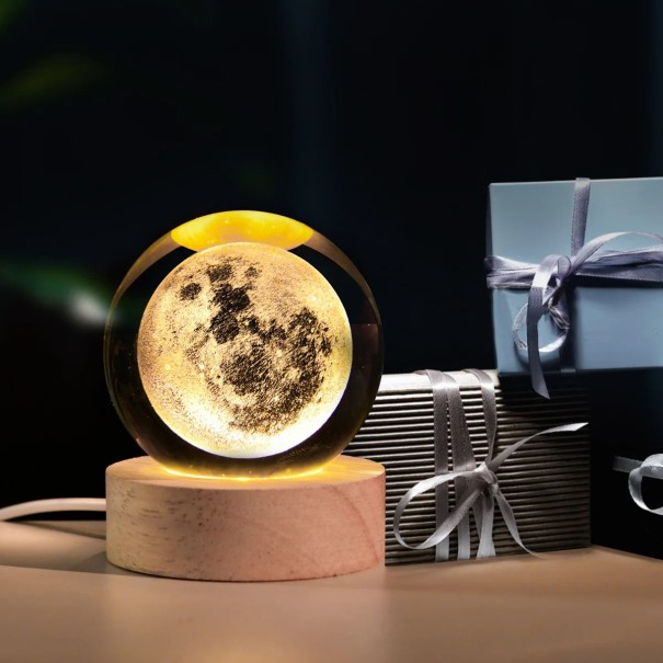 Lampa de noapte LED pentru copii, formă de bilă, 6 cm, cu motiv de lună, suport din lemn, cablu de alimentare, iluminat decorativ pentru camera 1