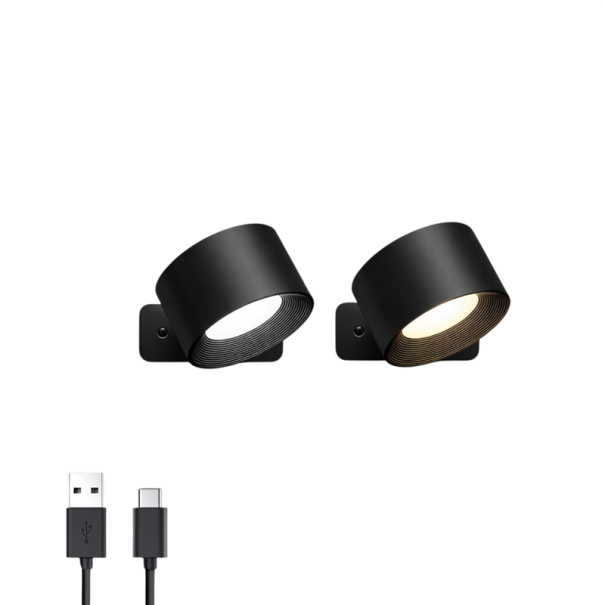 Lampada da parete LED 7,5 x 4,5 cm con batteria ricaricabile da 2000mAh, rotazione a 360°, controllo touch nero