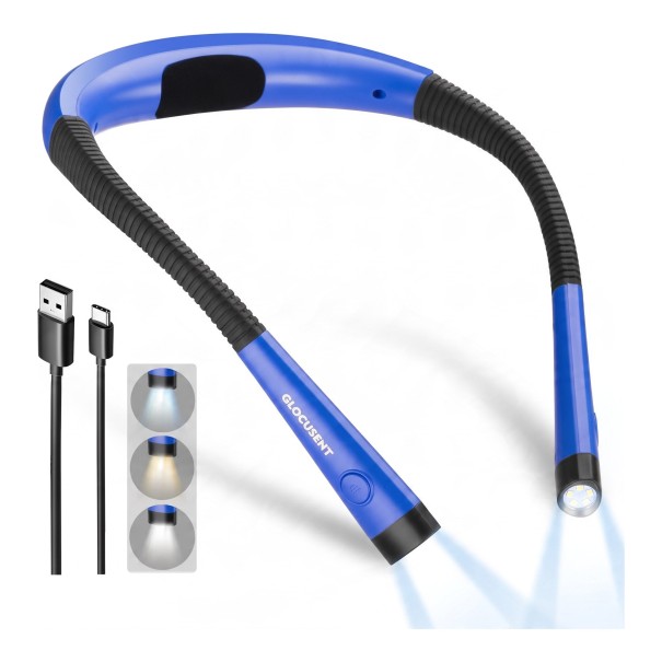 Lampada LED ricaricabile da collo 3 colori di luce 6 livelli di luminosità Batteria 1000 mAh Fino a 80 ore Braccia flessibili Per leggere blu