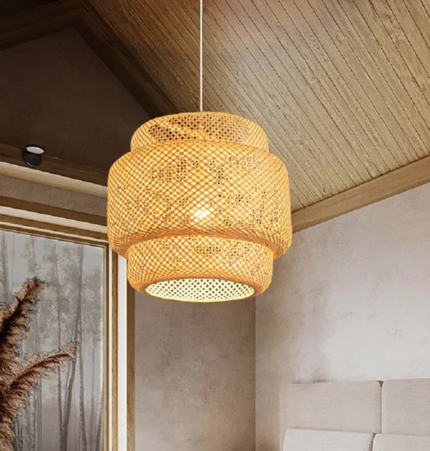 Lampadario a sospensione in bambù fatto a mano Lampadario da soffitto Lampadina E27 Lampada intrecciata a mano con cavo sospeso bianco e base da soffitto in legno 30 x 35 cm 1