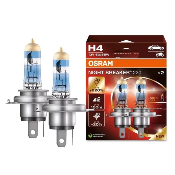 Lâmpadas halógenas OSRAM Night Breaker 220 H4 12 V 60/55 W 3900 K Até +220 % de brilho Bulbo azul com ponta dourada Para automóvel e motociclo 1