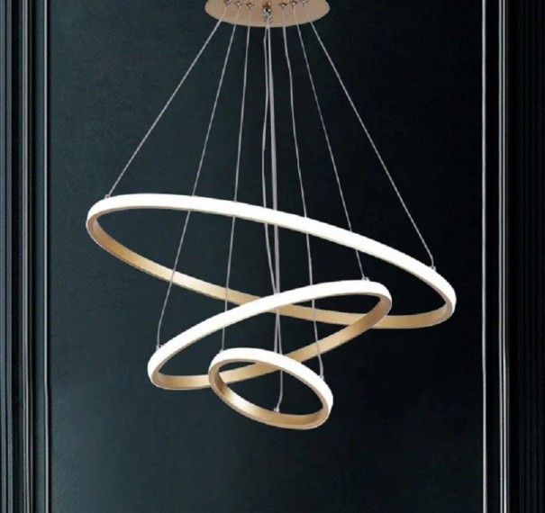 Lámpara colgante LED de lujo de color blanco cálido, 60 W, moderna lámpara circular de 90-265 V, luz colgante de tres círculos, 60 cm, 40 cm y 20 cm dorado