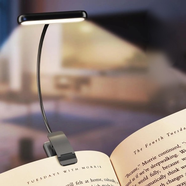Lámpara LED para libro con clip 14 LED Recargable USB-C 3 colores de luz 2700 a 6000 K 10 niveles de brillo Brazo flexible 20 cm Para leer negro