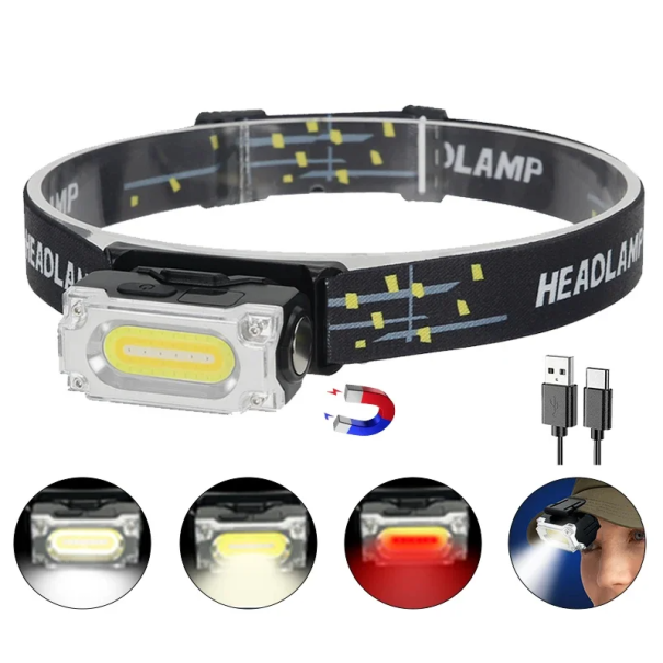 Lampe frontale LED avec aimant USB C 4,5 x 8,5 cm Lampe frontale puissante avec clip et dragonne Portée 500 m 6 modes d’éclairage Équipement 1