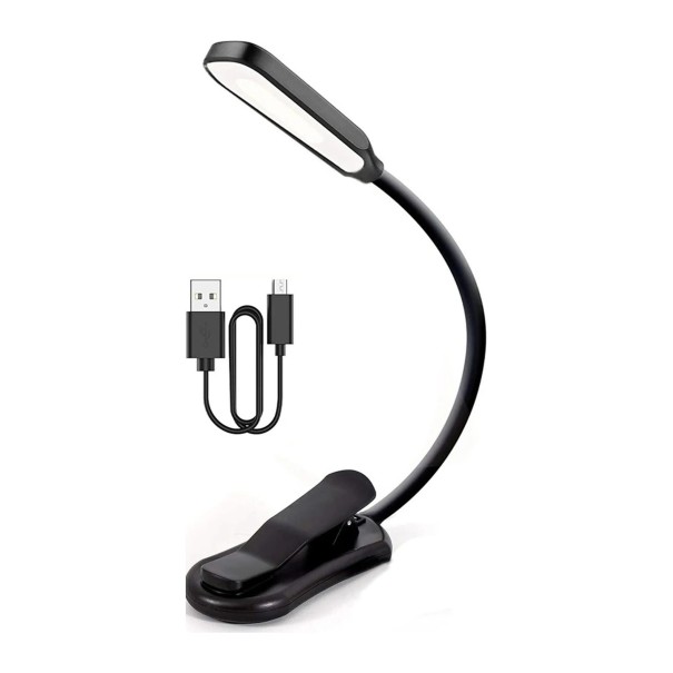 Lampe LED rechargeable pour livre avec clip 7 LED 3 couleurs de lumière 3 niveaux de luminosité Batterie 600 mAh Bras flexible 16 cm Pour lire noir