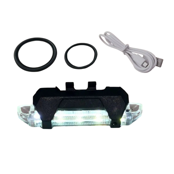 Lampka tylna rowerowa 7,3 x 12,2 x 3 cm, ładowana przez USB, wodoodporna, IPX5, 15 lm, 5 trybów, z gumowymi paskami do montażu biały