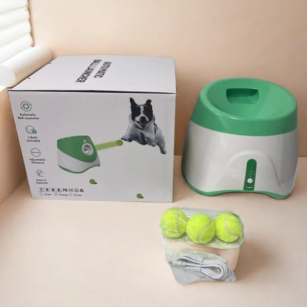 Lanceur automatique de balles pour chiens avec chargement USB, lanceur interactif de balles de tennis avec trois distances de lancer vert