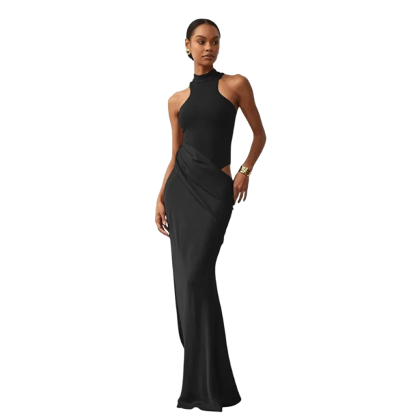 Lång aftonklänning i satäng med hög krage och exponerade höfter Body top Figursydd snitt Elegant brun klänning med band