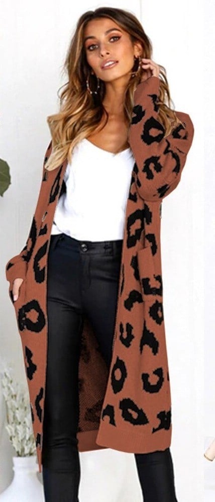 Lang cardigan med leopardprint til kvinder XL 9