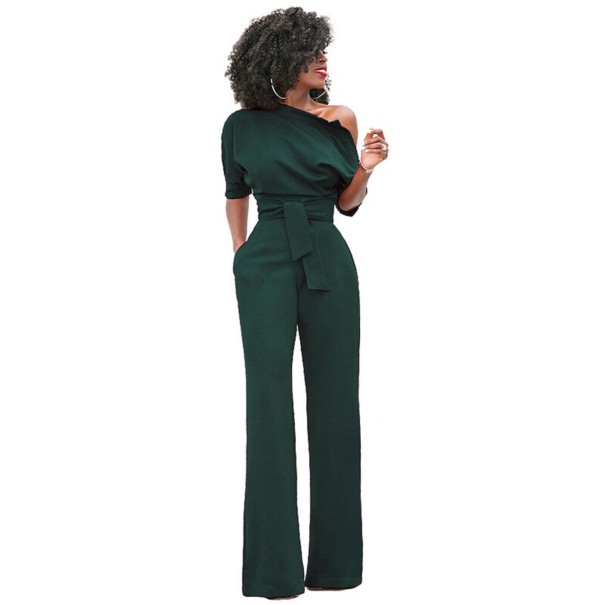 Lang damejumpsuit med asymmetriske ærmer grøn L