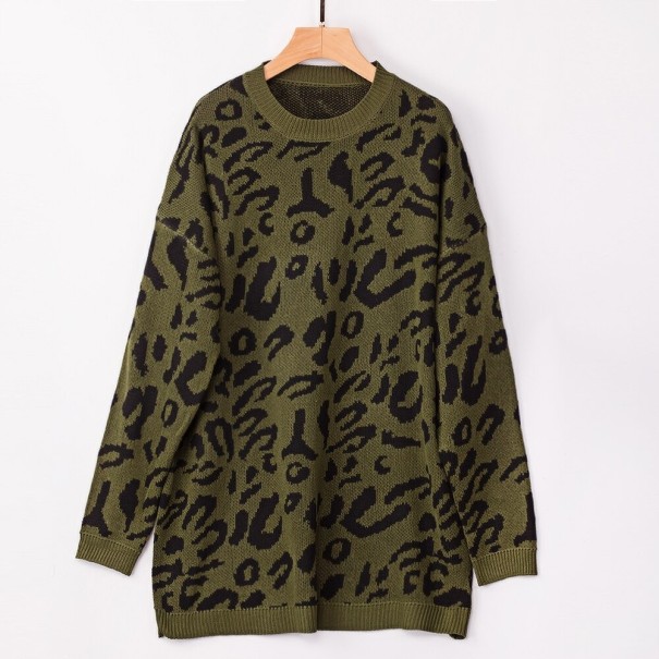 Lang dametrøje med leopardprint armygrøn S