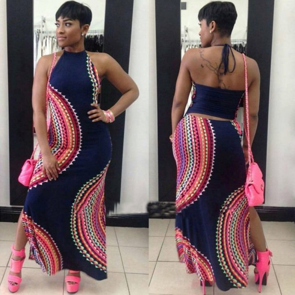 Lång damklänning med mönster mörkblå XS