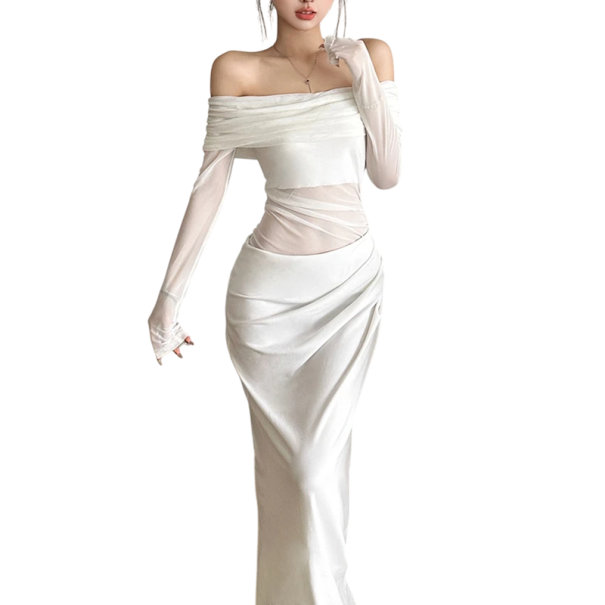 Lång elegant figursydd klänning med synliga axlar och genomskinliga ärmar Snygg rynkeffekt i midjan Formell kvällsoutfit vit L