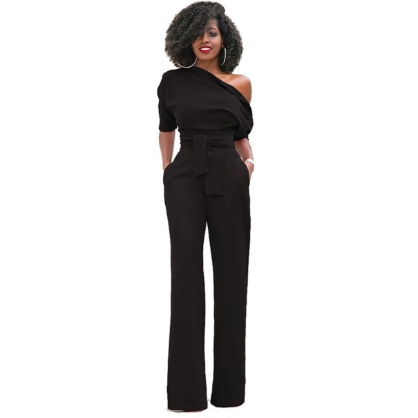Lång jumpsuit för kvinnor med asymmetriska ärmar svart S