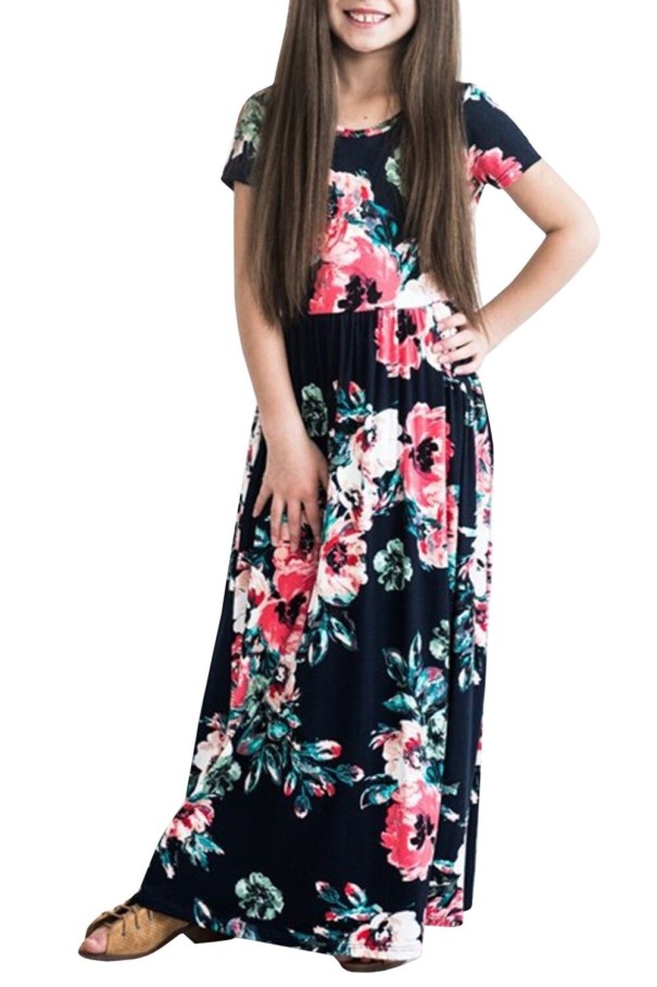 Lang pigekjole med blomster mørkeblå 2