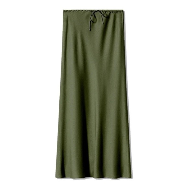 Lang satin maxinederdel til kvinder elegant skinnende lige talje glat formel nederdel til aftenballet bryllupsfest armygrøn S