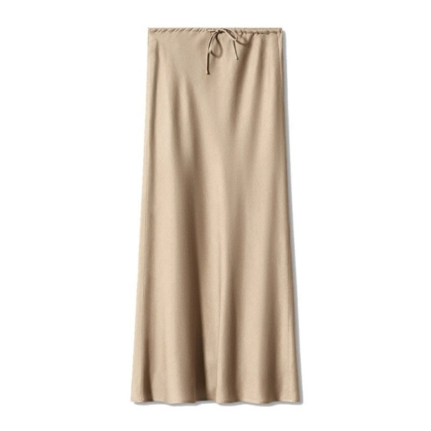 Lang satin nederdel med høj talje Elegant damenederdel med snørebånd Skinnende nederdel til kvinder, aften- og festtøj beige M