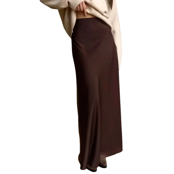 Lang satin nederdel med høj talje Elegant skinnende nederdel til kvinder Maxi nederdel til festen Formelt outfit til forår og sommer brun M