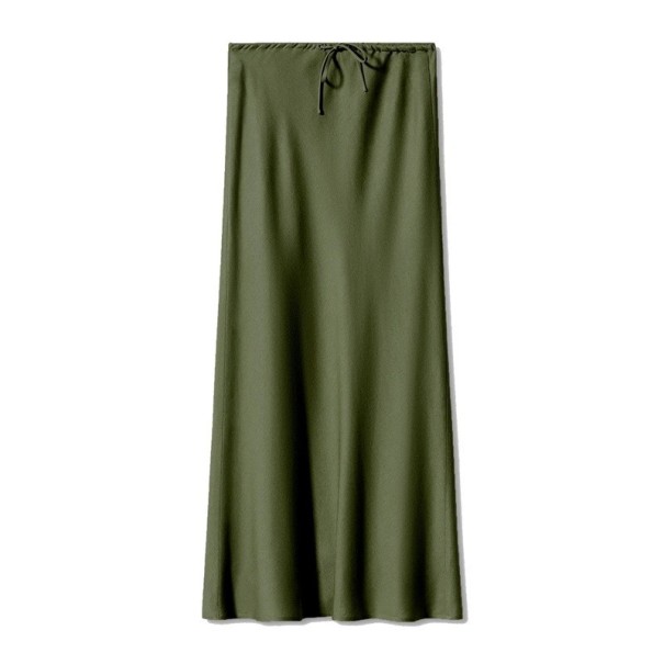 Lång satinkjol med hög midja Elegant damkjol med snörning Glansig kjol för kvälls- och festkläder armégrön M