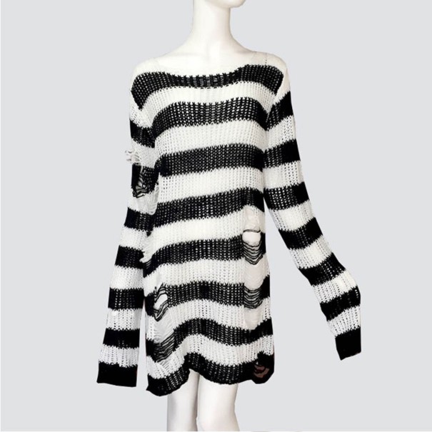 Lang stribet sweater med slidser til kvinder hvid