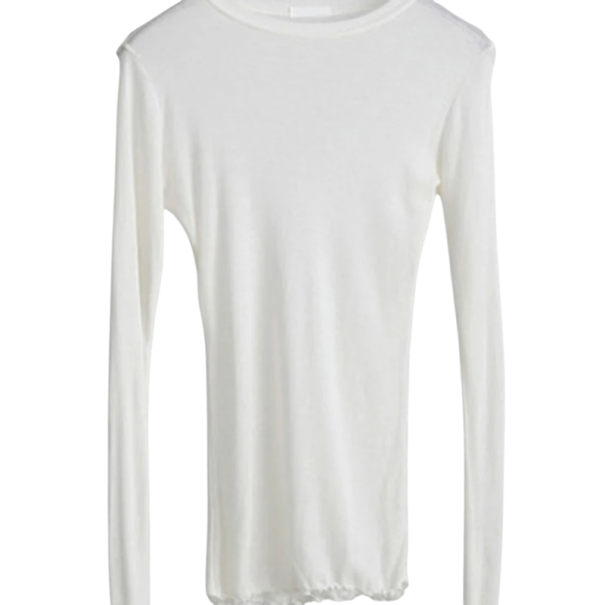 Langærmet dame-T-shirt. Tætsiddende, strækbar top. Elegant basis-T-shirt med rund halsudskæring. Moderigtig top til arbejde og fritid. hvid M