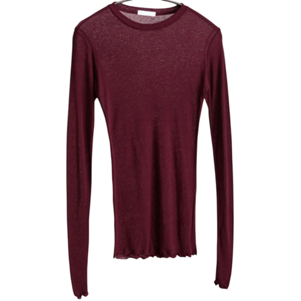 Langærmet dame-T-shirt. Tætsiddende, strækbar top. Elegant basis-T-shirt med rund halsudskæring. Moderigtig top til arbejde og fritid. vinrød M
