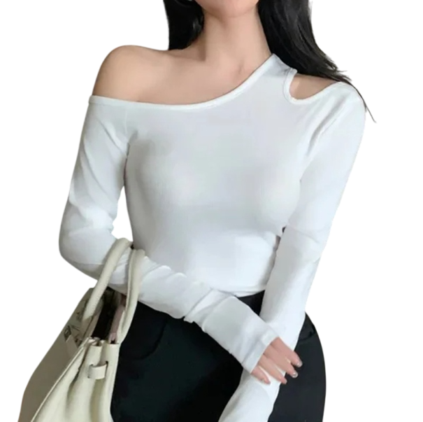Langarm-T-Shirt für Damen. Asymmetrischer Schnitt mit freier Schulter. Elegantes Taillentop. Modisches T-Shirt für den Abend und den Tag. weiß M