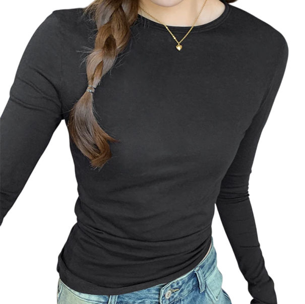 Langarm-T-Shirt für Damen Slim Fit Dekorative Schulterketten Modisches Design Rundhalsausschnitt Angenehmes Material für den Alltag schwarz S