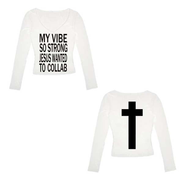 Långärmad T-shirt för dam, v-ringad, streetwear med kristet motivtryck framtill och kors baktill, snygg Faith in Fashion vit L