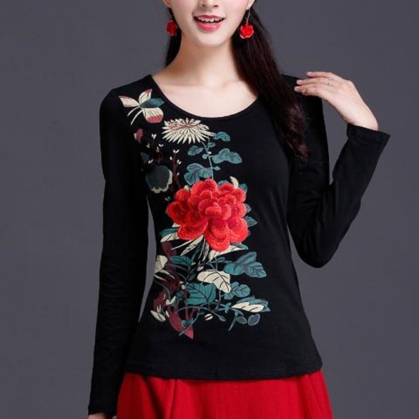 Langärmliges Damen-T-Shirt mit Blumenmuster schwarz 3XL