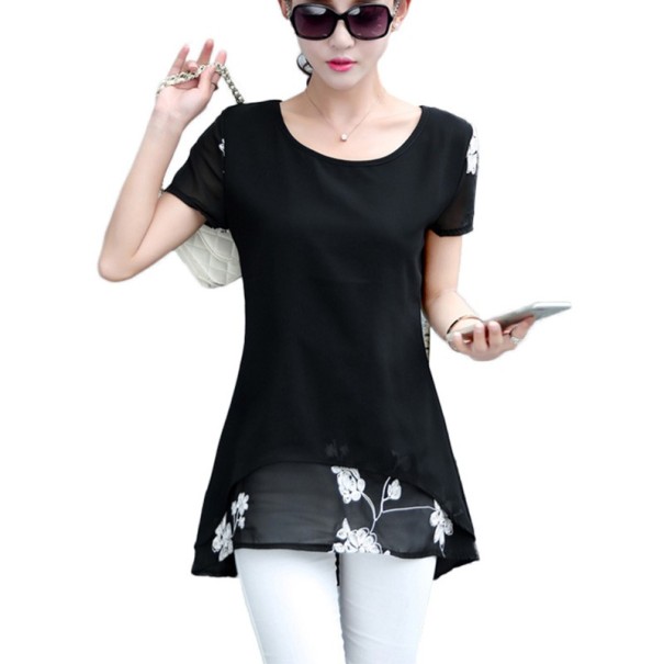 Lange Damenbluse mit Blumen schwarz S