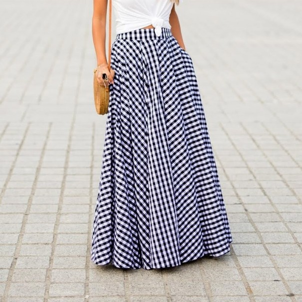 Lange damesrok met ruitjesmotief blauw M
