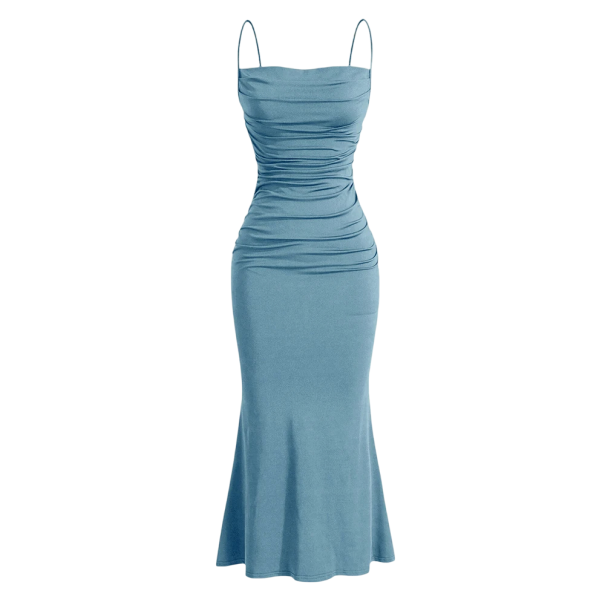 Lange formele jurk met dunne bandjes, geplooid lijfje, elastisch materiaal, uitlopende zoom, getailleerde snit, elegante stijl blauw L