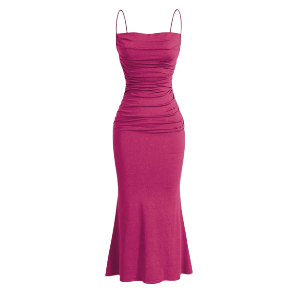 Lange formele jurk met dunne bandjes, geplooid lijfje, elastisch materiaal, uitlopende zoom, getailleerde snit, elegante stijl roze S