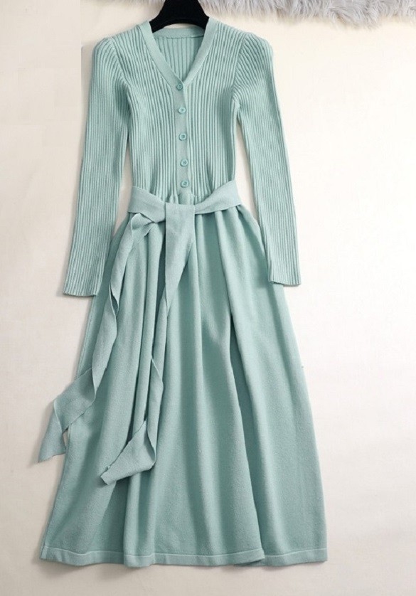 Lange gebreide jurk turquoise