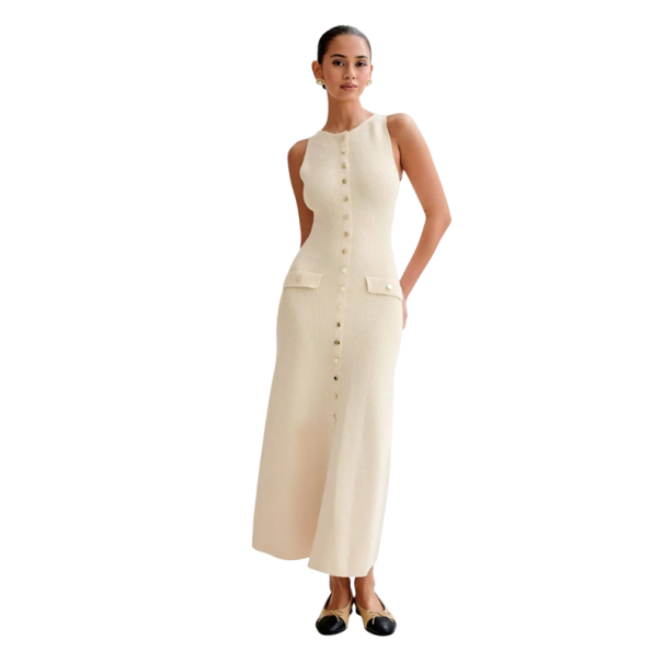 Lange gebreide mouwloze damesjurk met knopen en zakken Elegante getailleerde jurk met ronde hals Midi-lengte