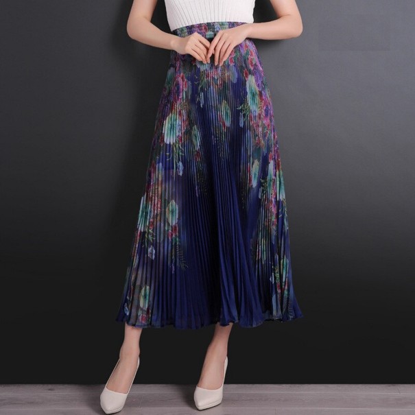 Lange geplooide damesrok met bloemen donkerblauw